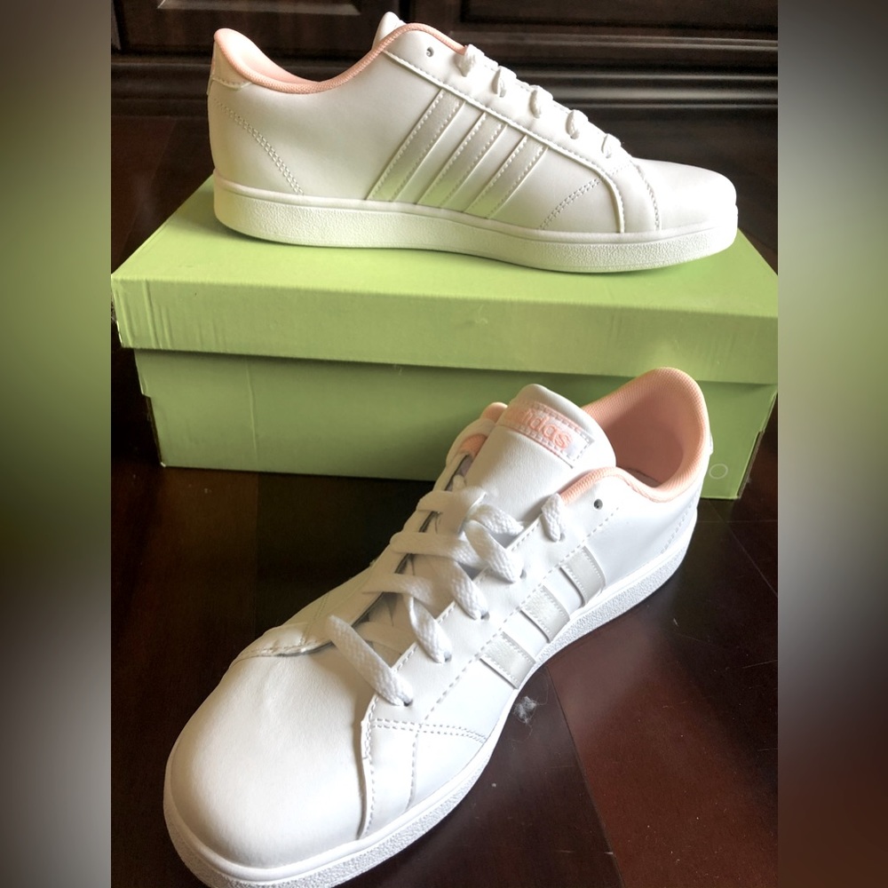 New White Adidas Baseline Sneaker with Trace Pink trim - women’s 8 or 6.5Y SOLD